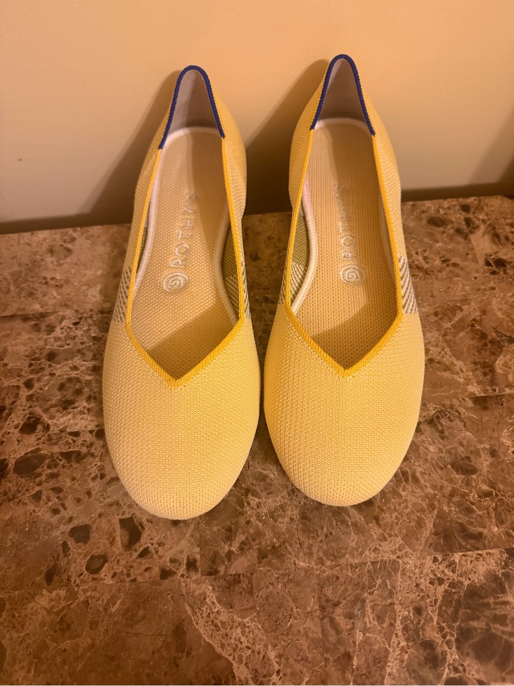 Rothy's Yellow Knit Slip-On round toe Flats with Navy Trim never worn